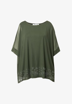 Olivgroene, doorschijnende top met oversized vleermuismouwen. Heeft bloemrijke borduursels langs de zoom. Ronde halslijn en losse pasvorm.