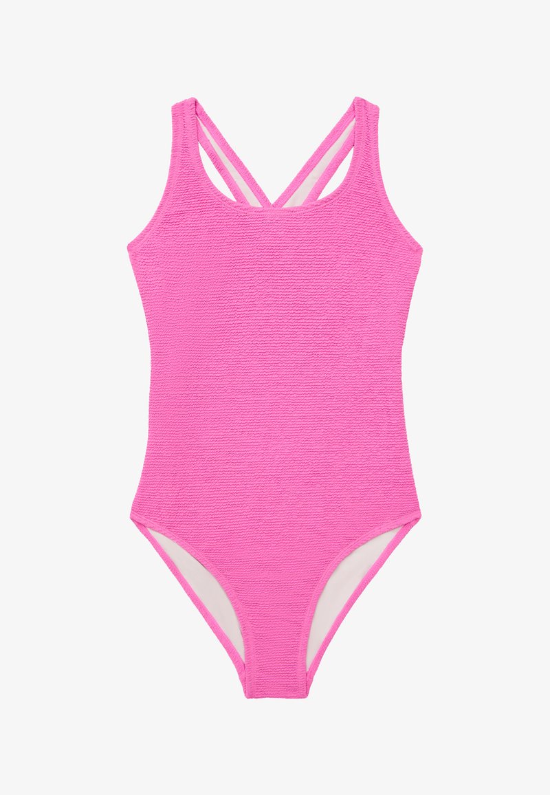Roze eenstuk zwempak met een gestructureerd oppervlak, voorzien van dikke bandjes die op de rug kruisen en een klassieke bikini-snede.