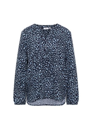 Navyblause aus leichtem Stoff mit einem strukturierten Muster aus hellblauen und weißen Formen, langen Ärmeln und einem V-Ausschnitt.