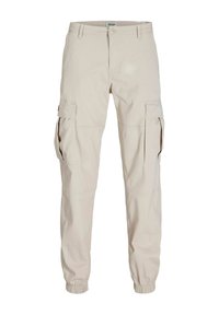 Beige Cargohose mit Seitentaschen, elastischen Bündchen und Knopfverschluss. Hergestellt aus leichtem Stoff mit glatter Textur.