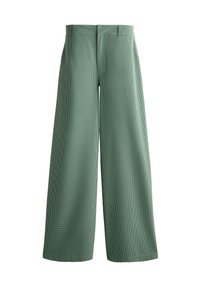 Pantalons à jambe large avec un motif vichy vert et blanc, fabriqués dans un tissu léger. Dotés d'une taille avec passants de ceinture et de poches latérales.