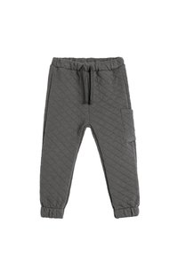 Szare pikowane jogger pants z elastycznym paskiem w talii i sznurkiem, z boczną kieszenią i elastycznymi mankietami u kostek.