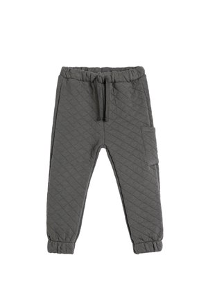 Szare pikowane jogger pants z elastycznym paskiem w talii i sznurkiem, z boczną kieszenią i elastycznymi mankietami u kostek.