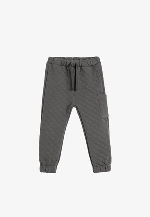 Szare pikowane jogger pants z elastycznym paskiem w talii i sznurkiem, z boczną kieszenią i elastycznymi mankietami u kostek.