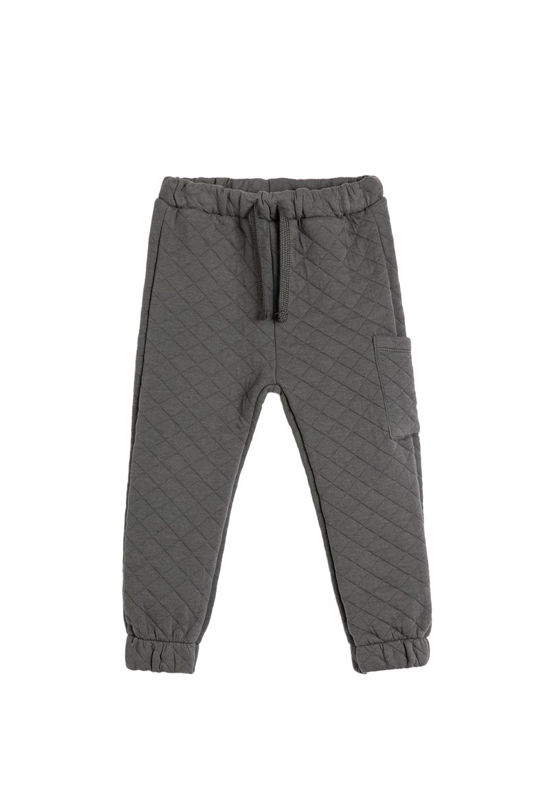 Szare pikowane jogger pants z elastycznym paskiem w talii i sznurkiem, z boczną kieszenią i elastycznymi mankietami u kostek.