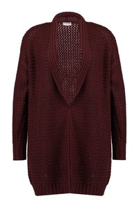 Burgundy stickad cardigan med öppen framsida, långa ärmar och strukturerad mönster. Har en djup V-ringning och ribbade muddar.