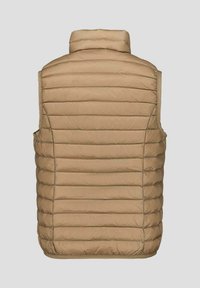 Beige donsvest met een hoge kraag, doorgestikt ontwerp en horizontale stiksels. Heeft een gladde textuur en zijzakken.