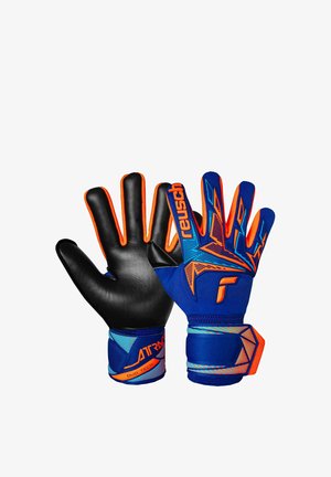 Reusch Torwarthandschuhe mit schwarzer Latex-Handfläche, blauem und orangefarbenem textilen Handrücken und strukturiertem Design mit sicherem Handgelenkriemen.