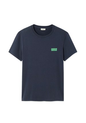 Navy blue cotton t-shirt with short sleeves and a round neckline, featuring a green "American Vintage" logo on the left chest.