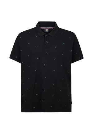 Polo noir à manches courtes avec col et patte de boutonnage, présentant un petit motif dispersé de piments verts et rouges.