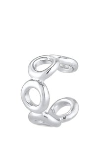 Anillo de plata con formas ovaladas interconectadas, textura suave y acabado brillante. El diseño es abierto para un tamaño ajustable.