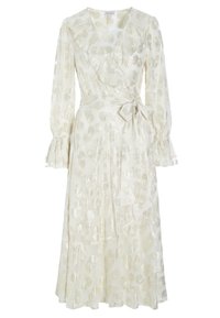Vit omslagsklänning med långa ärmar, med volangkant och texturerade gyllene cirkelmönster. Inkluderar ett tygband i midjan.