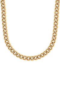 Collana in oro con maglie intrecciate caratterizzate da una superficie liscia. Il design è audace e massiccio, mettendo in risalto una finitura metallica lucida.