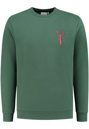 Groene katoen sweatshirt met een roze kreeftenafbeelding op de borst. Klassieke ronde hals en ribgebreide manchetten en onderkant. Soepele textuur.