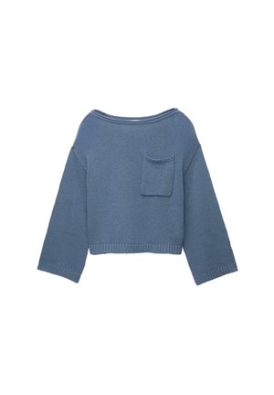 Maglione cropped a maniche lunghe blu in maglia, con scollatura ampia e piccolo taschino sul lato sinistro.