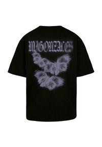 Tricou din bumbac negru, cu un grafic mare, decolorat, reprezentând o flutură purpurie și un design cu text pe spate, cu mâneci scurte și o croială lejeră.