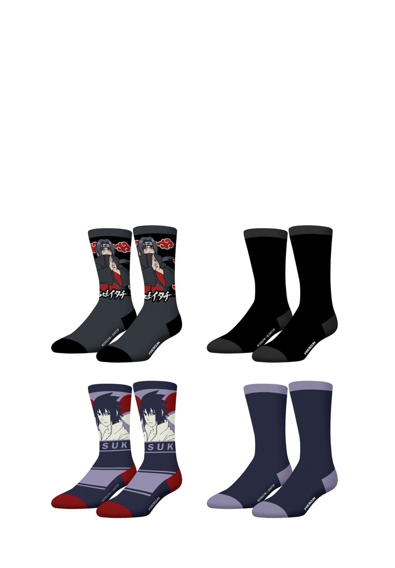 Quatre paires de chaussettes : en haut à gauche, une paire grise avec un personnage d'anime, en bas à gauche, une paire à motif bordeaux et marine, et enfin des paires unies, une noire et une violet foncé.