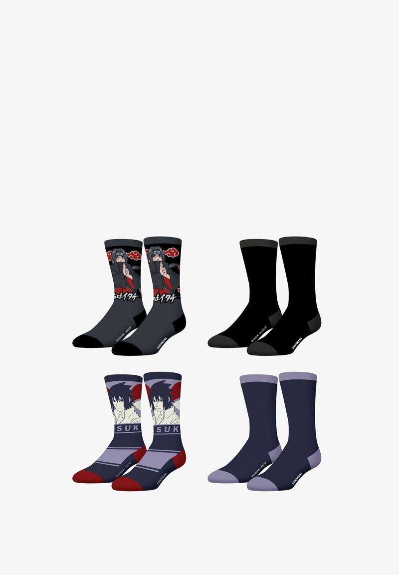 Quatre paires de chaussettes : en haut à gauche, une paire grise avec un personnage d'anime, en bas à gauche, une paire à motif bordeaux et marine, et enfin des paires unies, une noire et une violet foncé.