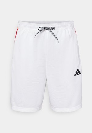 Shorts bianchi in rete con un design testurizzato, vita elastica, accenti neri e rossi e un logo nero sulla coscia sinistra. Include un cordino nero.