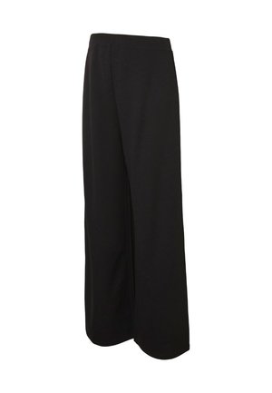 Pantalones negros de pierna ancha con cintura alta y tela lisa, mostrados sobre un fondo blanco.