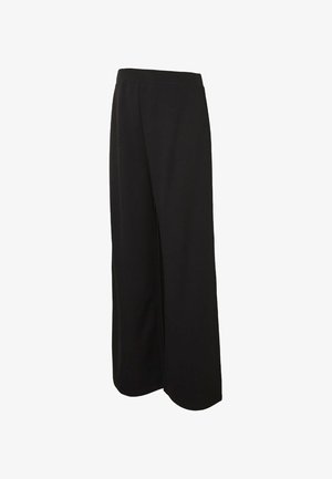 Mustad laia säärega püksid kõrge vöökohaga ja siledast kangast, näidatud valgel taustal.