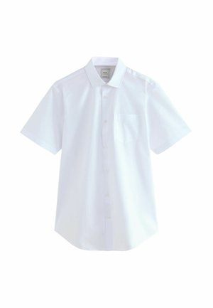 Kurzärmliges weißes Hemd aus Baumwollstoff, durchgehend knöpfbar, mit einer einzelnen Brusttasche auf der linken Seite und geradem Saum, im entspannten Schnitt.