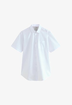 Kurzärmliges weißes Hemd aus Baumwollstoff, durchgehend knöpfbar, mit einer einzelnen Brusttasche auf der linken Seite und geradem Saum, im entspannten Schnitt.