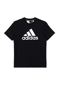 Czarny bawełniany t-shirt z wyraźnym białym logo Adidas na środku. Krótkie rękawy i okrągły dekolt.