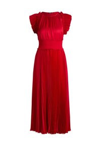 Κόκκινο midi φόρεμα με πλισέ φούστα, σούρες στη μέση και βολάν στα μανίκια, κατασκευασμένο από ελαφρύ ύφασμα.