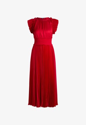 Rochie midi roșie cu fustă plisată, talie adunată și mâneci scurte cu volane, realizată din material ușor.