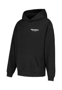 Black hoodie with a front pocket, featuring a white logo that reads "URBAN EDITION" on the upper left chest. Soft fabric texture.