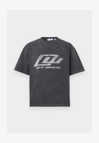 Σκούρο γκρι κοντομάνικη μπλούζα με ξεθωριασμένο λογότυπο «Off-White» και στυλιζαρισμένα γράμματα «OW» στο εμπρόσθιο μέρος, στρογγυλή λαιμόκοψη και άνετη εφαρμογή.