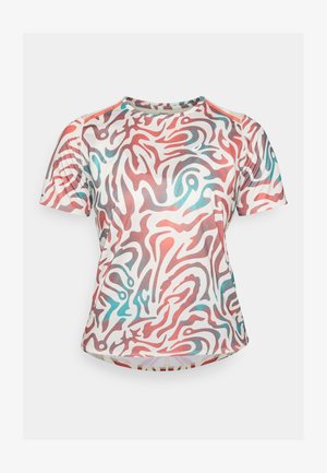 Short-sleeve athletic shirt with a white base and abstract red and blue swirling pattern. Made of smooth, stretchable fabric.