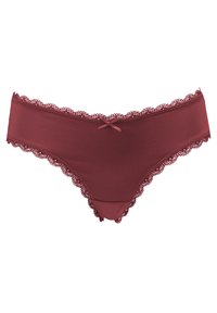 Burgunderfarbene Bikini-Höschen mit Spitzenbesatz, aus einem glatten, dehnbaren Stoff gefertigt, mit einem kleinen Satin-Schleifendetail in der Mitte vorne.