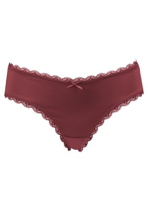 Burgundy lace-trimmed bikini briefs featuring a smooth, stretchy fabric, with a small satin bow detail at the front center.