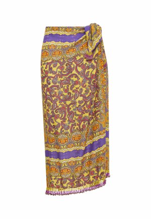 Gonna a portafoglio gialla, arancione e viola con motivo paisley, orlo con frange viola e dettaglio di nodo annodato in vita.