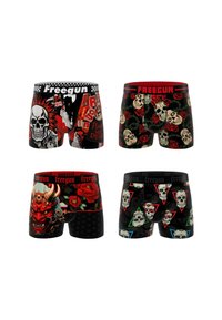 Quatre paires de boxers pour hommes avec des fonds sombres présentant des crânes, des roses, un masque rouge à cornes et des designs graphiques au style punk.