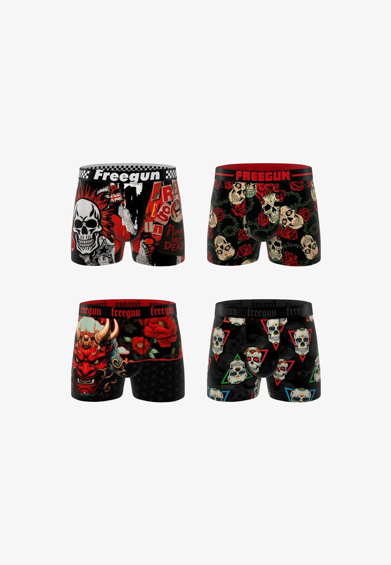 Quatre paires de boxers pour hommes avec des fonds sombres présentant des crânes, des roses, un masque rouge à cornes et des designs graphiques au style punk.