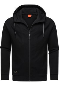 Felpa nera con zip, realizzata in tessuto testurizzato, dotata di cappuccio regolabile con lacci e chiusura frontale a zip. Presenta polsini a costine e un piccolo logo sull'orlo.