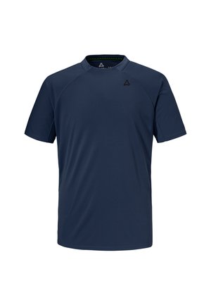 Marineblaues, kurzärmeliges Sportshirt mit Rundhalsausschnitt und kleinem schwarzem Logo auf der linken Brust vor weißem Hintergrund.