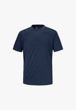 Marineblaues, kurzärmeliges Sportshirt mit Rundhalsausschnitt und kleinem schwarzem Logo auf der linken Brust vor weißem Hintergrund.