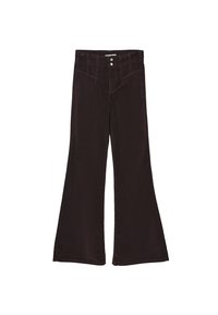 Brązowe spódnie z korduroju w fasonie dzwonów, z wysokim stanem, dwoma przednimi kieszeniami i dwoma srebrnymi guzikami w pasie. Gładka tekstura.