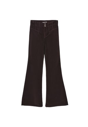 Pantaloni a zampa d'elefante in corduroy marrone, con vita alta, due tasche frontali e due bottoni argentati in vita. Texture liscia.