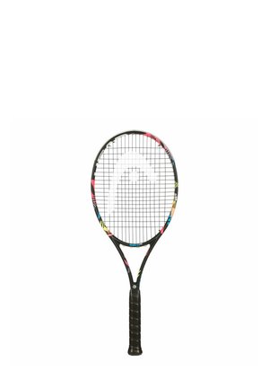 Tennis racquet with a black frame, colorful floral accents, and a textured black grip. Features a standard string pattern and oval head shape.