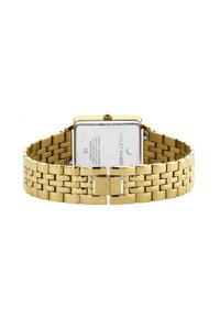 Gouden metalen horloge met een rechthoekige wijzerplaat, saffierglas en een schakelarmband ontwerp. De achterkant heeft een merkembleem en sluiting.