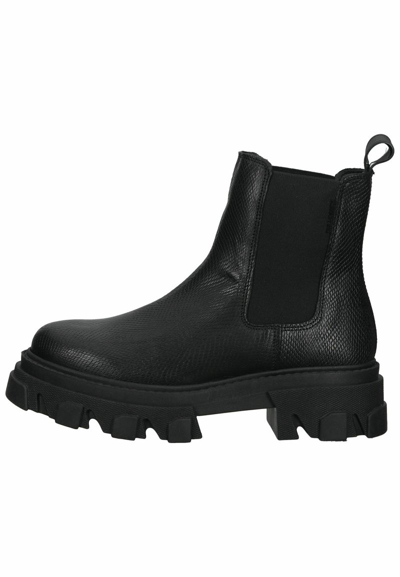 Botte Chelsea en cuir noir texturé avec semelle crantée imposante, panneau élastique latéral et languette à l'arrière.