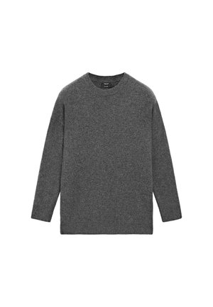 Long-sleeve crew neck sweater in solid dark gray knit fabric with a straight hem and relaxed fit.