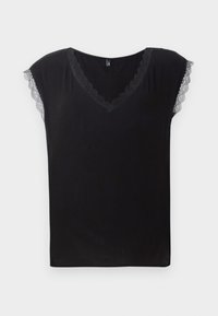 T-shirt nera con scollo a V, caratterizzata da un bordo in pizzo scallop lungo il collo e maniche corte, realizzata in tessuto morbido e liscio.