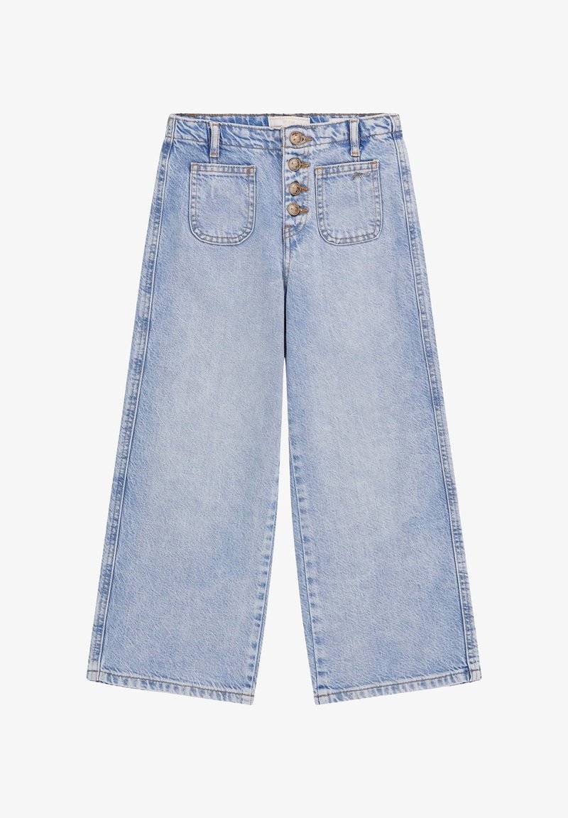 Vaqueros de pierna ancha en azul claro con cintura alta, que cuentan con cinco bolsillos y un cierre frontal de botones con cuatro botones, hechos de mezclilla.