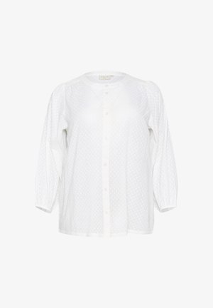 Valge nööpidega blousee, mis on valmistatud tekstureeritud kangast ning millel on täpid. Omab ümarat kaelust ja puhv-särki. Lihtne, klassikaline disain.